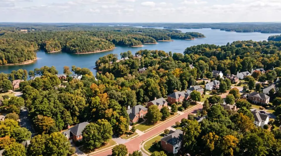 Tree-lined streets and homes beside a lake, from above